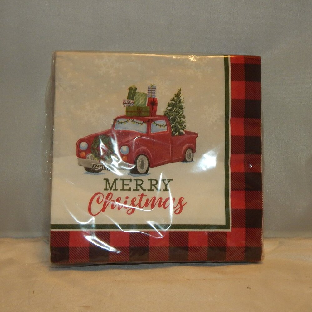 Merry Christmas Paper Napkins – Red Truck & Buffalo Plaid Holiday Party Decor